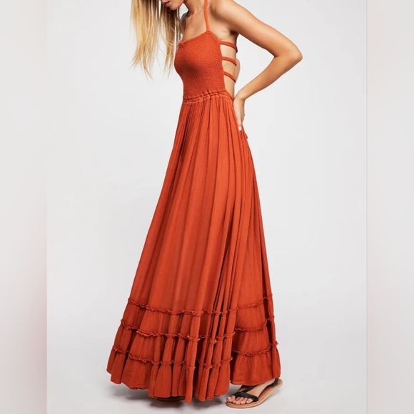 R.Vivimos Orange Summer Cotton Sexy Blackless Ruffle Maxi Dress - Picture 3 of 13